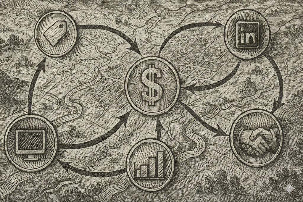 Competitor dashboard illustration styled as a historical battle map with arrows and B2B strategy icons, symbolizing pricing, marketing, product launches, and partnerships.